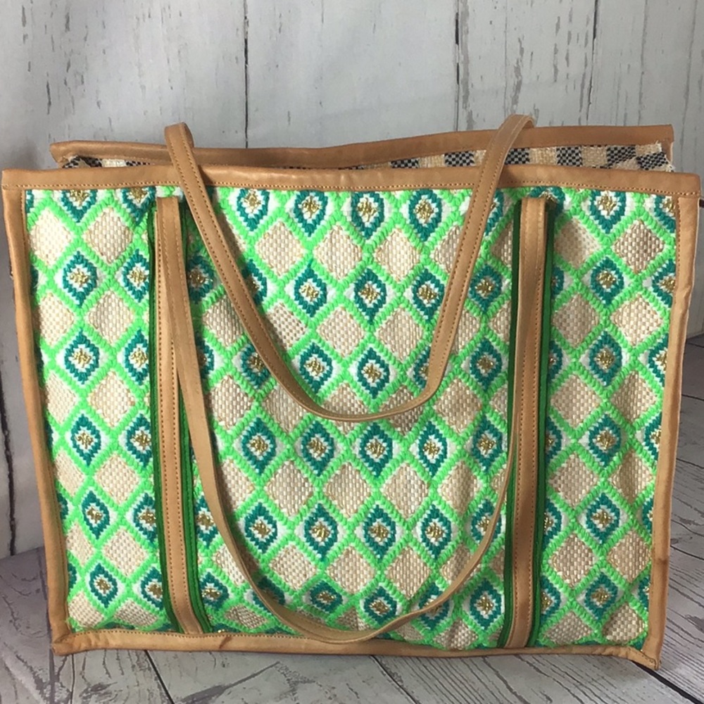 Anthro bag real leather en shalla woven tapestry